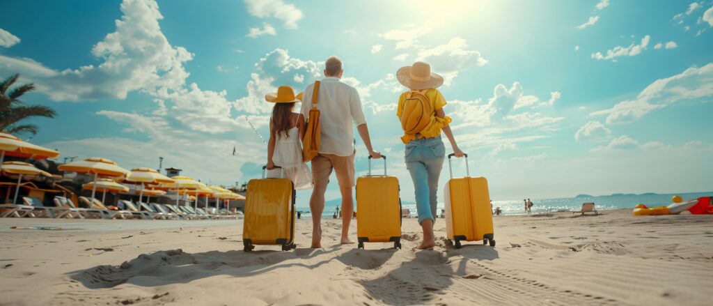 Família chegando de viagem, com as malas, na praia.